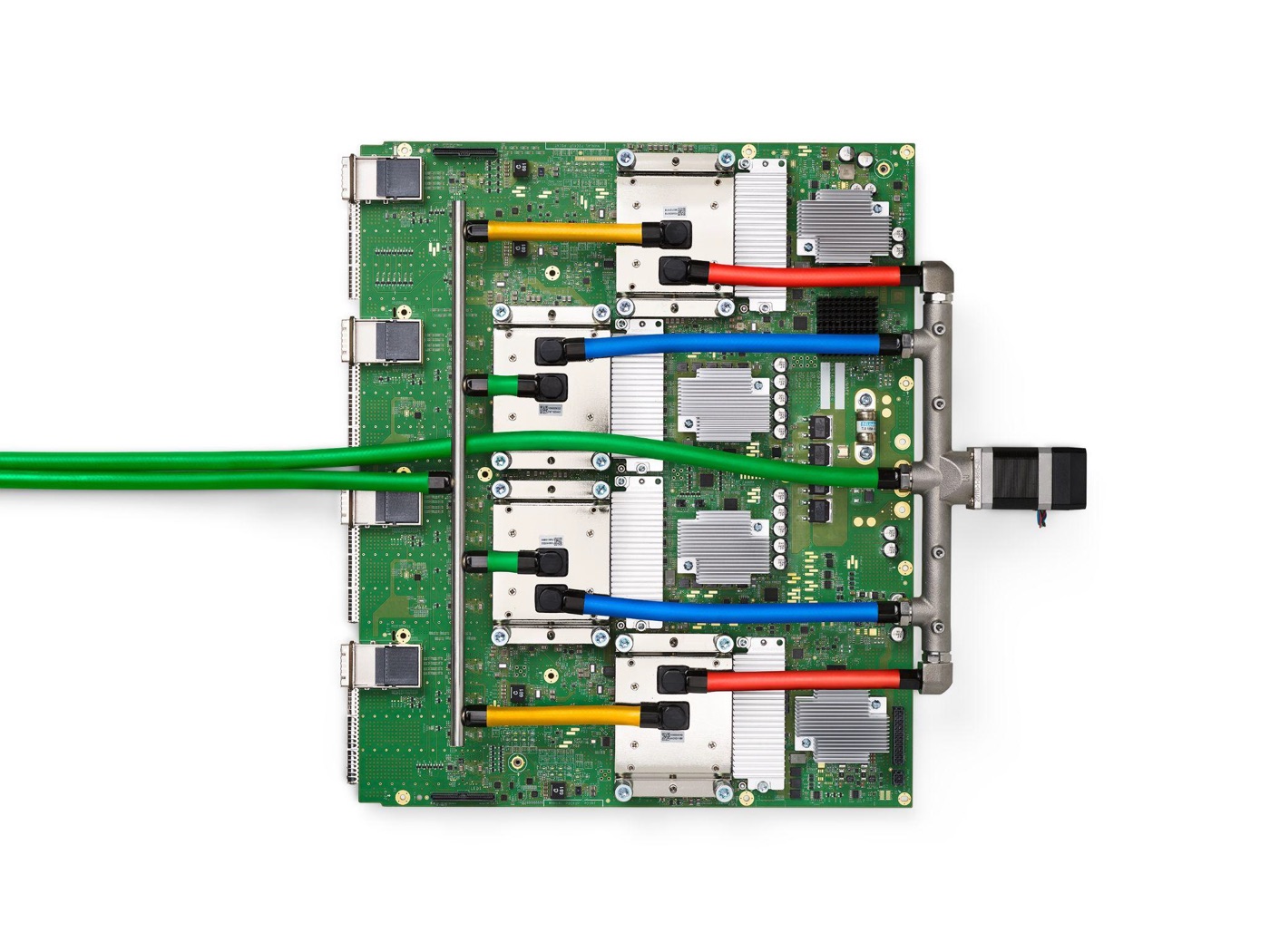 Google TPU v4 board · central ASIC + 4 HBM stacks · liquid-cooled package
